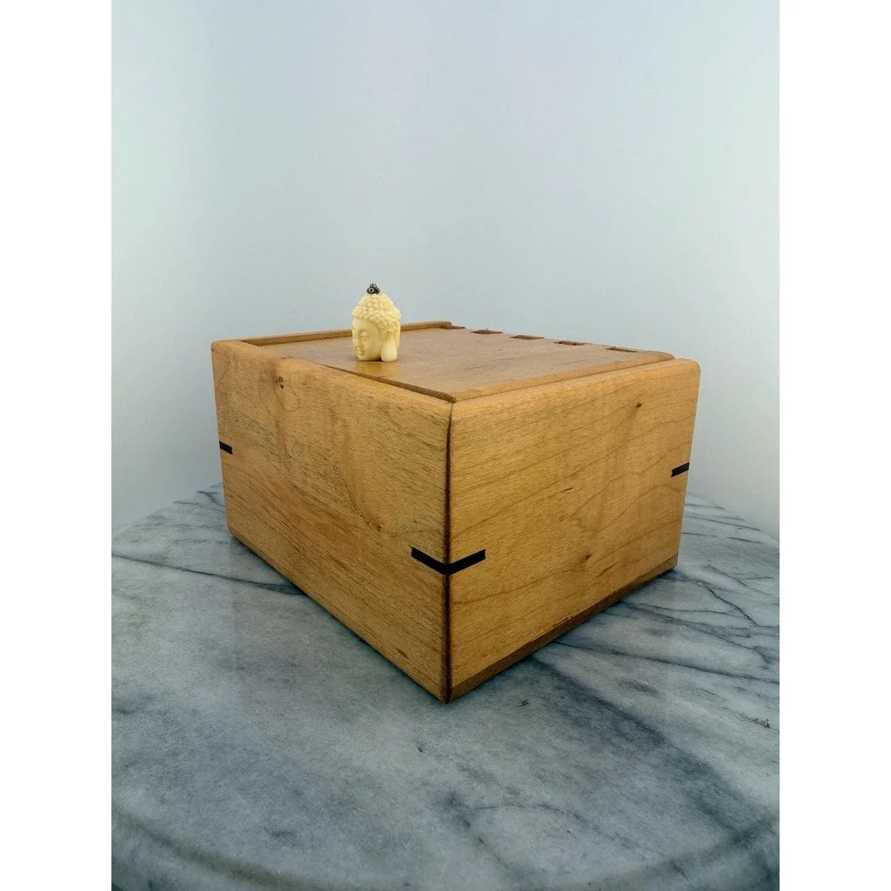 Vintage Handcrafted Wooden Keepsake Box Buddha Finial, Artisan, Zen Meditation